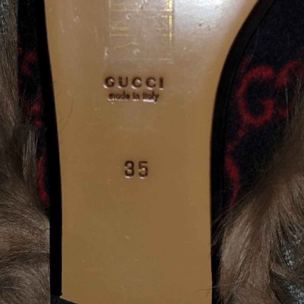 Gucci Women Blue Red & Wool GG Monogram Fur Princetown Mule Slippers 35 - Picture 10 of 16
